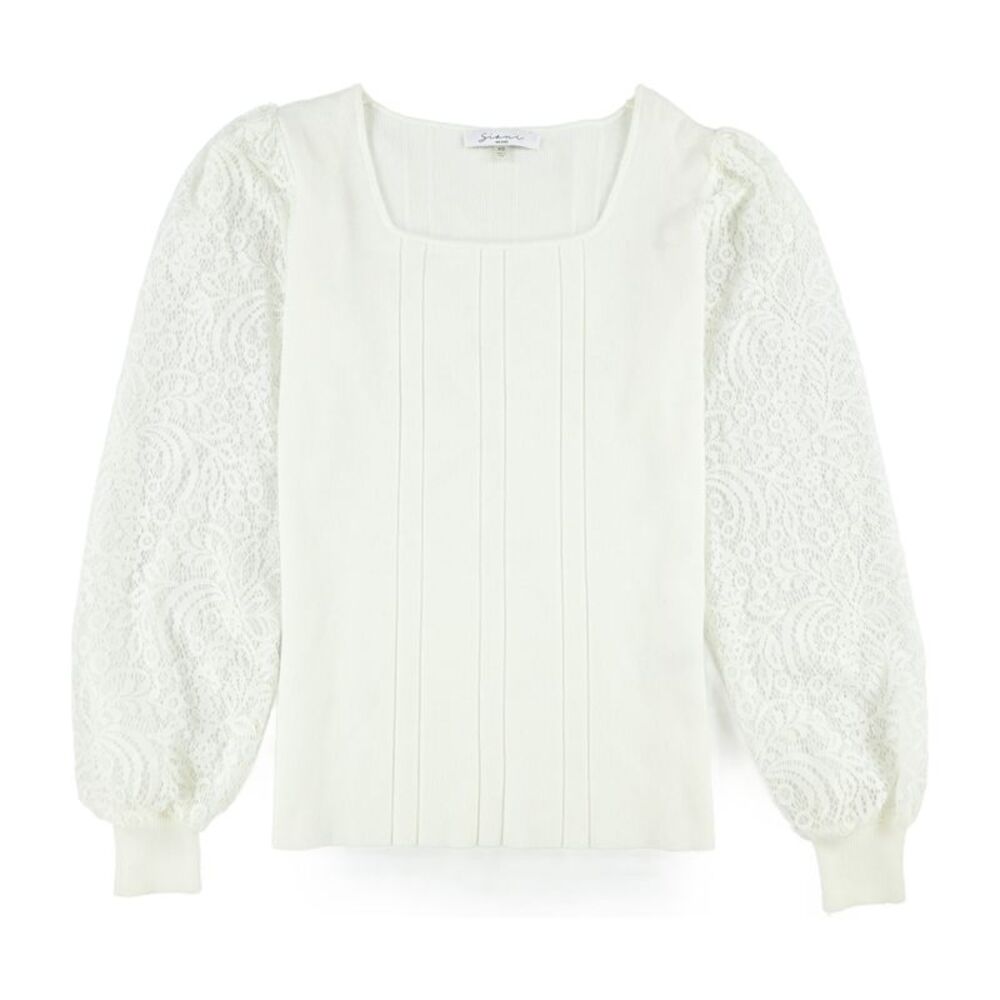 sioni Womens Lace Sleeve Pullover Sweater, White, XS, DM